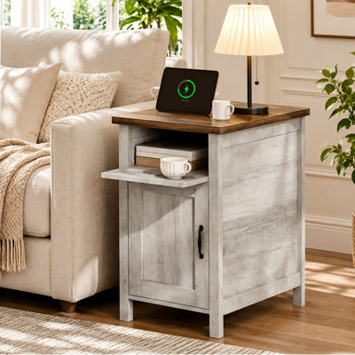 24" Tall End Table with Storage and Charging Station, Side Table with Cup Holders