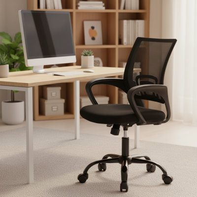 Black Office Chair With Armrests, Ergonomic Design, Adjustable Lumbar Support Height, Home Use Model.