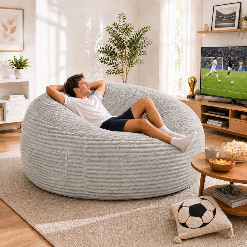 71" Giant Foam Bean Bag Chair, Oversized Round Chaise Lounge with Side Pocket for Kids, Teens, Adults,  White, White Corduroy