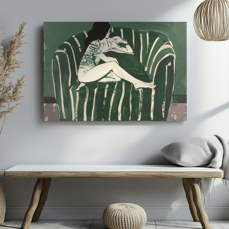 Art mural sur toile assise assise sereine figurative minimaliste vert et crème Silhouette prête à accrocher