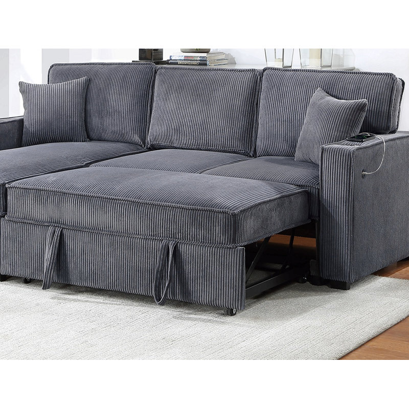 Convertible Sectional Dark Gray Color Corduroy Reversible Chaise W Storage And Sofa Pull Out Bed Pillows Living Room 2Pc Set