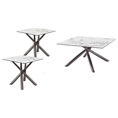 Ensemble de 3 tables basses blanches, l 35,25 po x P 35,25 po x H 17,5 po, pierre, 3 pièces, ensemble de tables basses, blanc, ensemble de trois pièces comprenant une table basse et deux tables de bout assorties