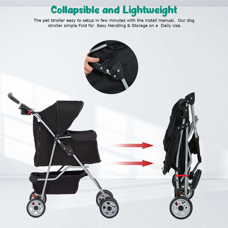 Black 4-Wheeled Folding Pet Stroller with Mesh Windows