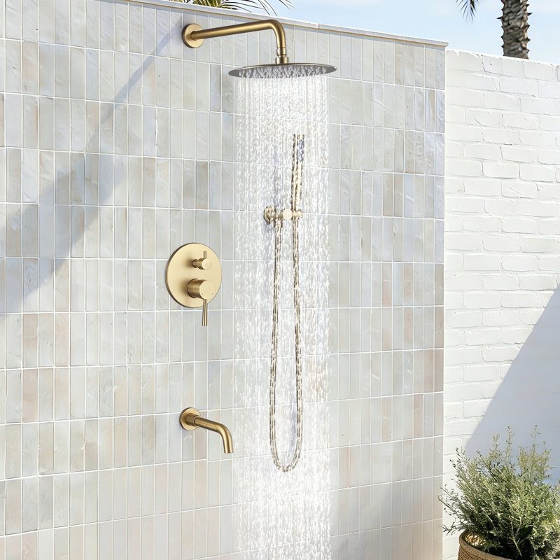 Système de douche mural à pression équilibrée avec bec de baignoire 10 po, Or brossé