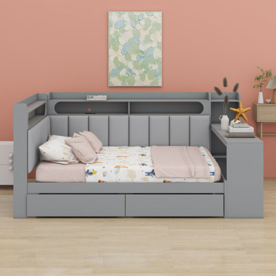 Daybed With Storag，Shelves,Drawers,Charging Station,LED Light,Desk And Upholstered Headboard And Backrest