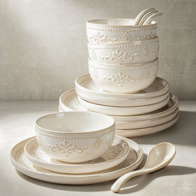 16-Piece Dinnerware Set for 4, Distinct Reactive Glaze, Food-Grade Chip Resistant Everyday Tableware, Microwave, Dishwasher & Freezer Safe, Wedding Registry, Housewarming & Holiday Gift(Damask-white)