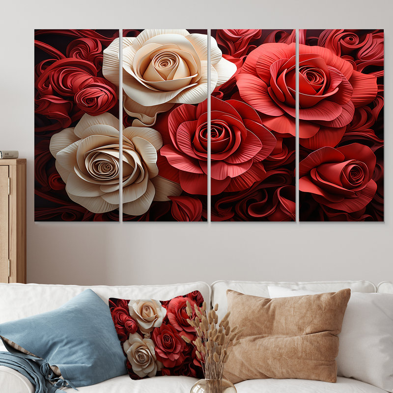 «Red and White Classic Rose Resonor - Roses», art mural 4 pièces pour le salon, H 28 po x l 48 po