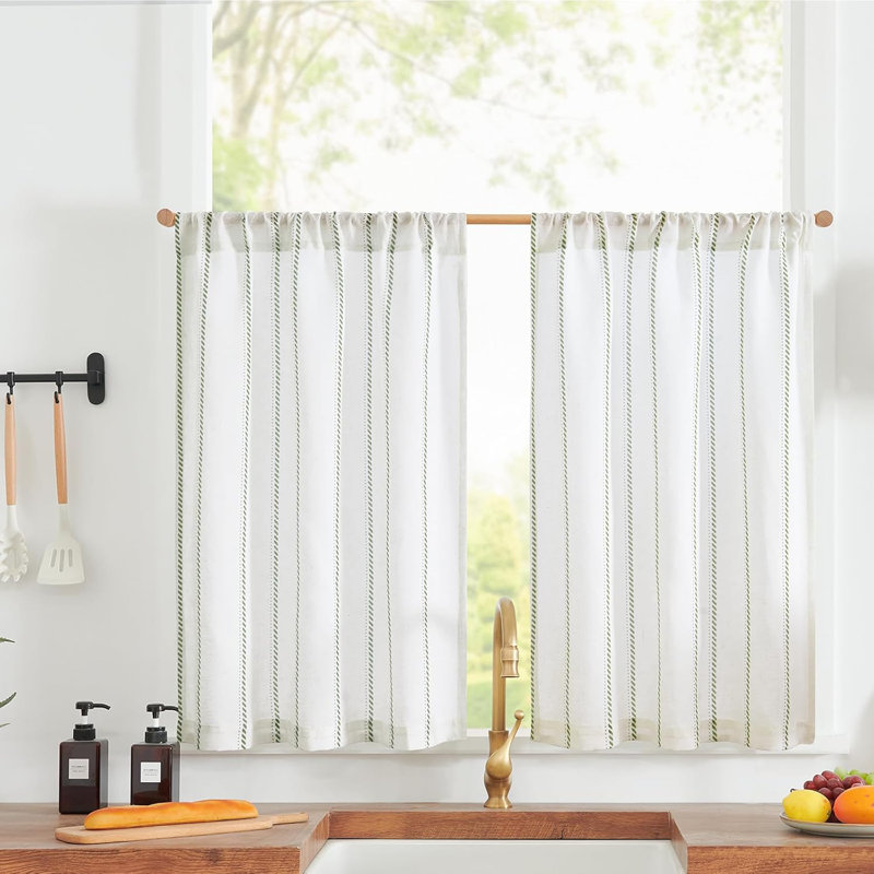 Linen Striped Kitchen Curtains Rod Pocket Tier Curtains, 26" W x 24" L, Green