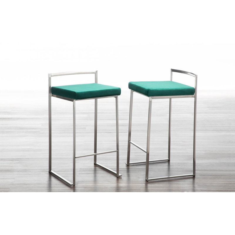 Tabouret de bar et de comptoir Ernestine, Velours vert, Tabouret de comptoir (siège d'une hauteur de 27 p, Acier Inoxydable