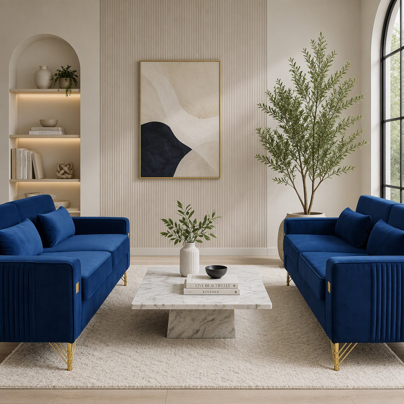 2PCS Sofa Velvet Sofa Set,2 Piece Living Room Couch Set with Removable Seat Cushions, Velours bleu