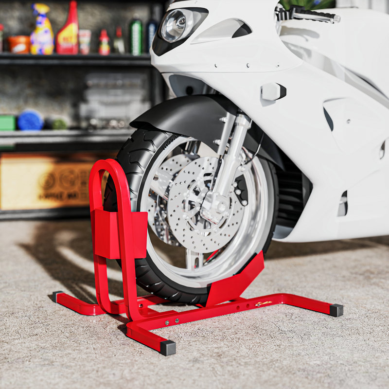 HOMCOM Metal Motorcycle Motorbike Wheel Chock Locking Stand System, Red