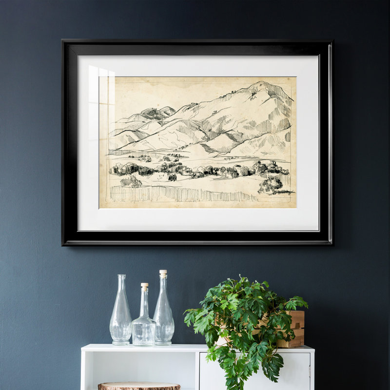 Croquis de montagne I, Papier avec cadre noir, H 30,5 po x l 42,5 po x P 1 po, Blanc