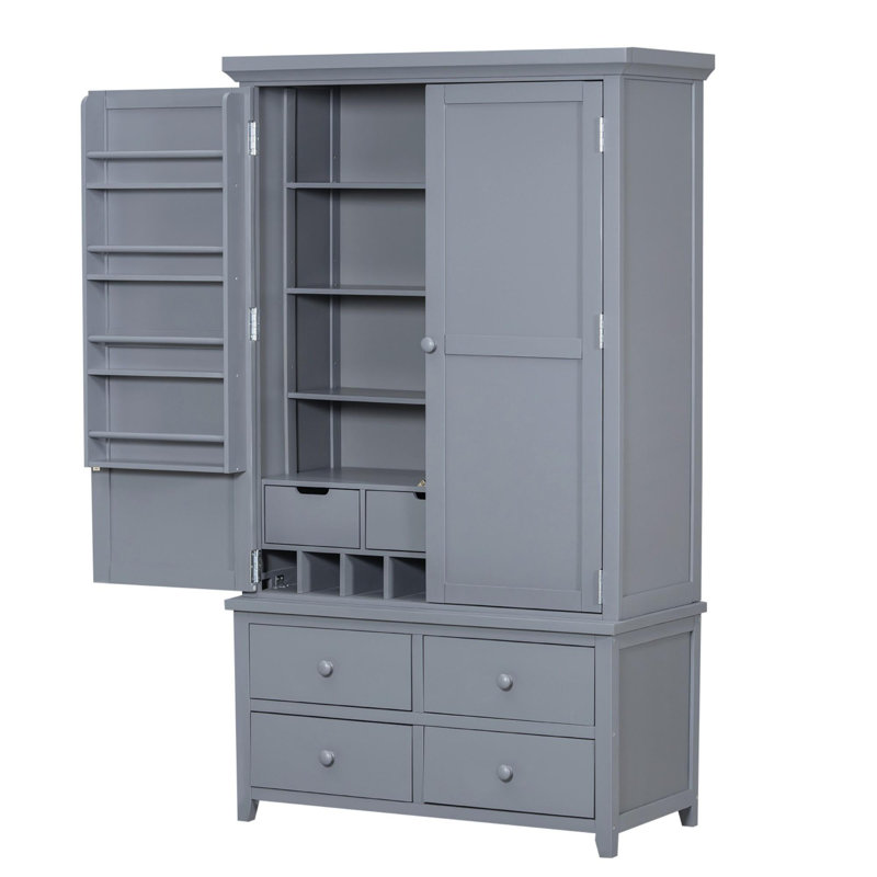 Garde-manger 71 po avec 8 tablettes de porte, 3 tablettes réglables, 7 tiroirs et support à vin pour 8 bouteilles, Gris