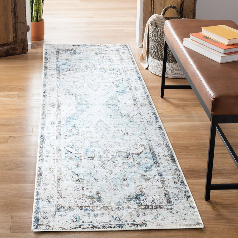 Washable Non-Slip Traditional Area Rug - Blue / Beige Rug for Entryway, Hallway, Bathroom, and Kitchen - Ferrante
