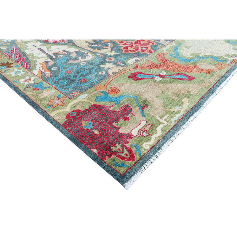 Hand Knotted Wool Area Rug in Dark Gray/Green/Red/Blue, Rectangle 9' x 12'