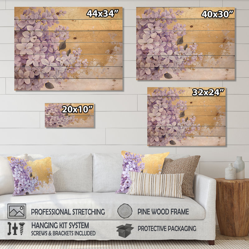 Lilas printemps harmonie dorée III - Art mural traditionnel en bois sur bois de pin naturel, H 10 po x l 20 po