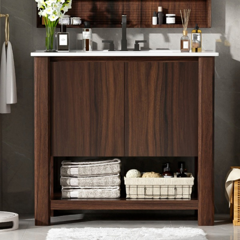 Meuble-lavabo moderne de 36 po avec lavabo rectangulaire en céramique, armoire de salle de bain avec grand espace de rangement et portes à fermeture en douceur à 45 degrés, 1 tablette ouverte en bas