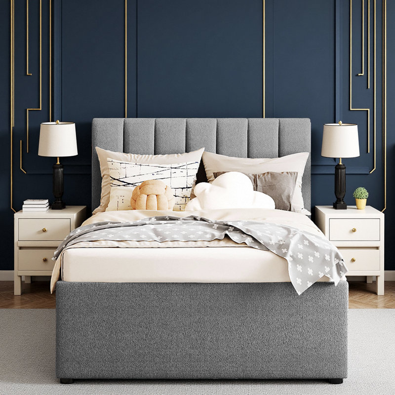 Lit plateforme tapissier classique avec gigogne et éclairage DEL Smart Teddy, Lit simple, Gris