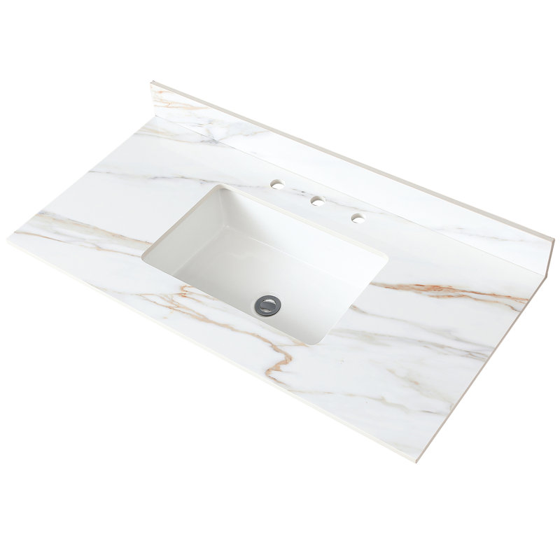 Plateau de meuble-lavabo blanc 43 po, lavabo rectangulaire et dosseret de 4 po, trou de robinet pré-percé, pierre frittée, plateau en marbre American Impression 43 po - avec veines captivantes, 8 trous