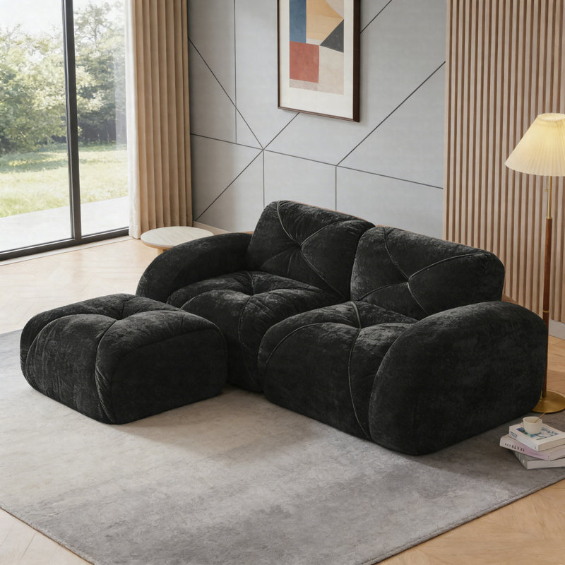 Canapé 2 places à dossier nu avec repose-pieds mobile, causeuse en velours capitonné avec mousse haute densité, canapé modulaire sans assemblage pour salon et appartement