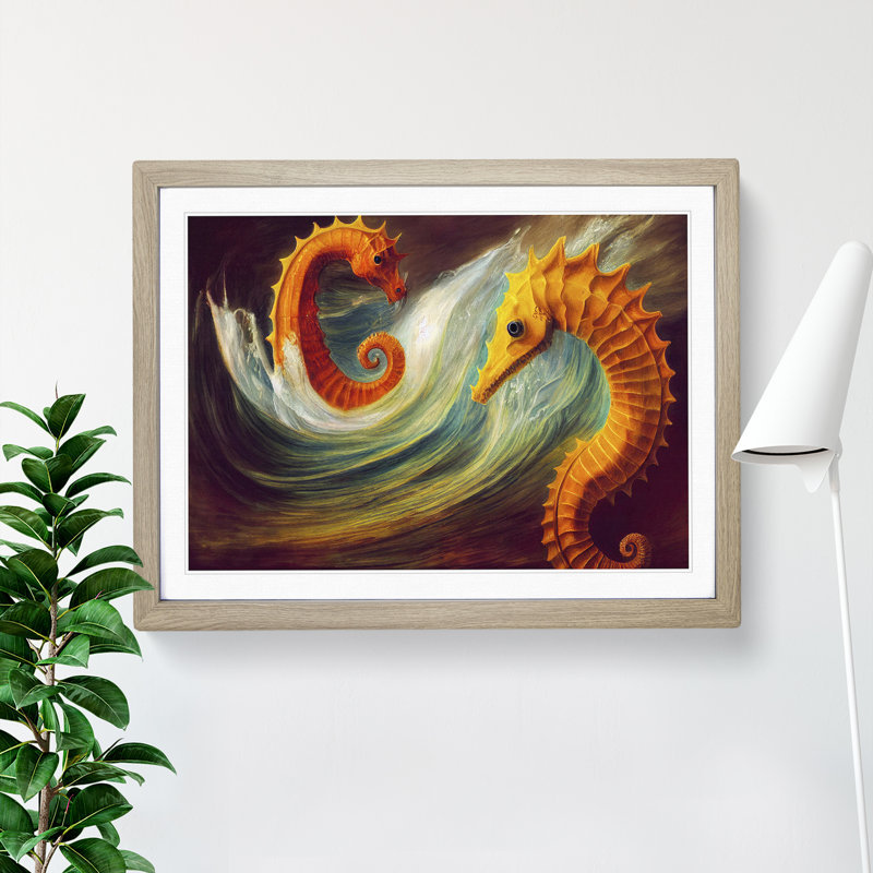 XH1022-7640X Seahorse Painting - Single Picture Frame Painting, 25cm H x 34cm W x 2cm D, Oak 