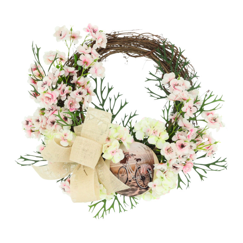 Couronne de 28 po avec fleurs de cerisier, hortensias et nœud