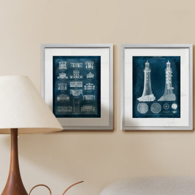 Lighthouse Blueprint-ensemble de 2 reproductions d’art graphique encadrées sur papier
