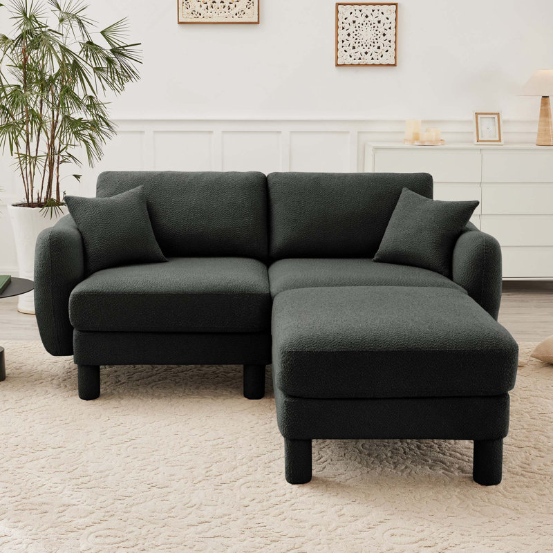 Boucle Fabric 2-Seat Loveseat Sofa Couch with Distinctive Shell-Shaped Armrests & 1 Ottoman, Dark Gray Polyester