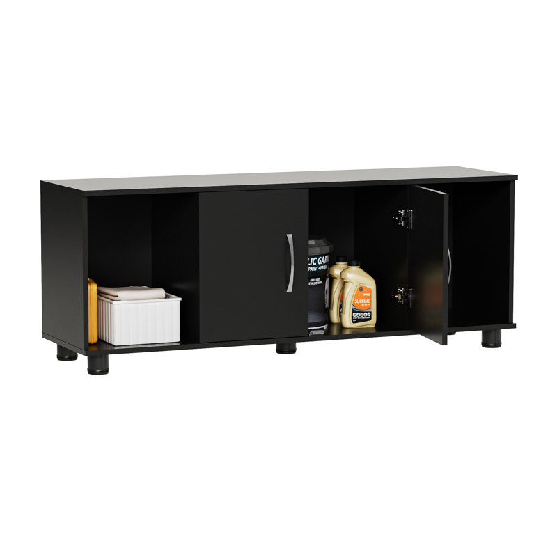 2-Door Storage Bench with Open Cubbies, Black