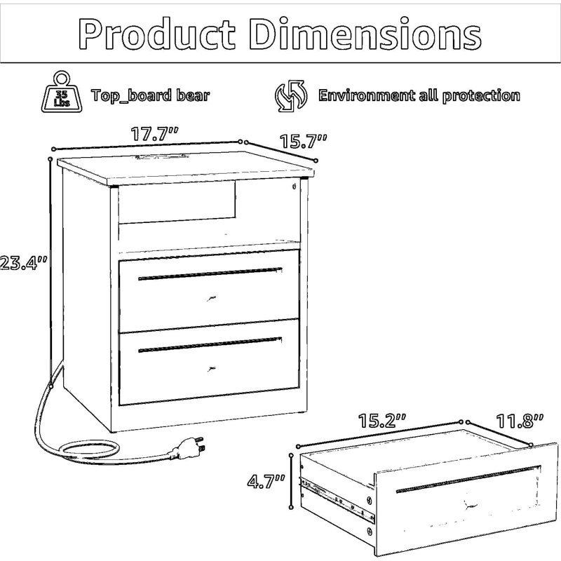 Table de chevet moderne à DEL avec station de charge et 2 tiroirs - Table de chevet en bois blanc avec lumières intégrées, ports USB et rangement pour la chambre à coucher