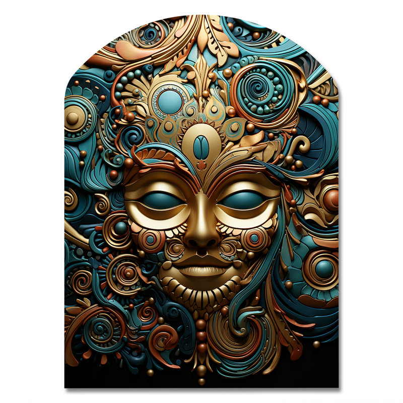 Or bleu sarcelle Mexique vibrant aztèque masque II - arche Mexique décoration murale, sculpture murale asymétrique en métal