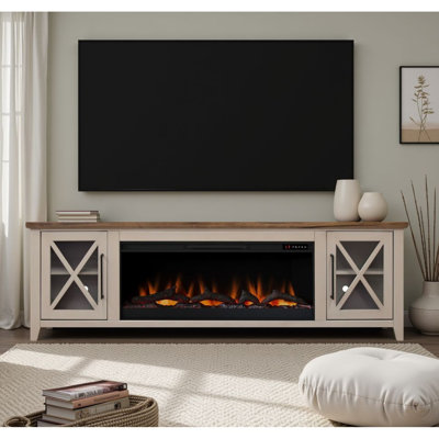 Ithaca 83 Inch Fireplace TV Stand, For Tvs Up To 95 Inches, Minimal Assembly Required, Sandstone And Bourbon Finish