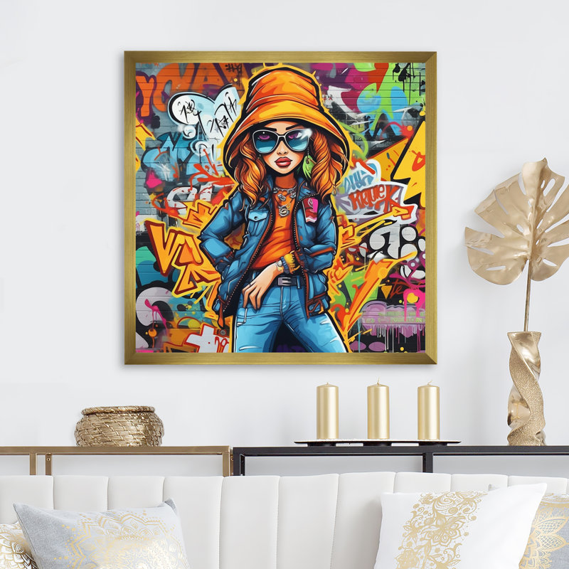 Femme graffiti sur toile, H 24 po x l 24 po x P 1 po, Encadrement doré