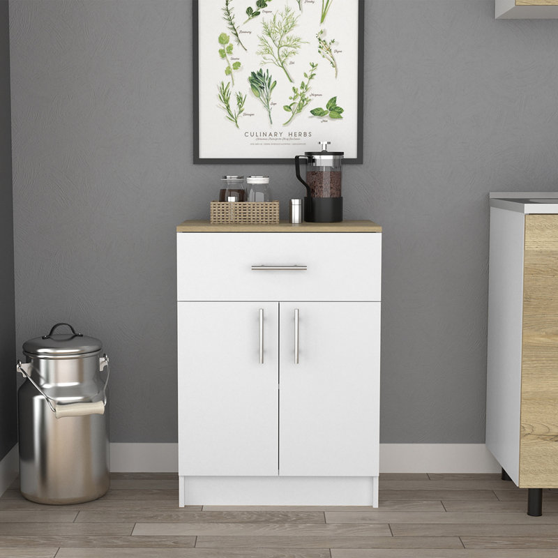 Barbados 33"H Pantry Storage Cabinet with Microwave Shelf — Freestanding Kitchen Cabinet, 2 Doors, 1 Drawer & 2 Shelves, 33.3"H × 23.6"W × 15.9"D, White/Light Oak