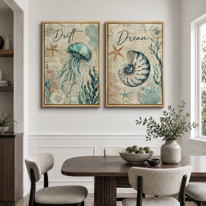 «Coastal Jellyfish and Seashell», art de la salle de bain, impression sur toile encadrée, 2 pièces, 36" H x 48" W x 1.5" D
