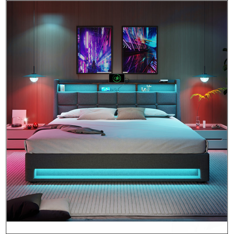 Lit plateforme tapissier avec système de rangement hydraulique, DEL et chargement USB, Gris, Grand lit