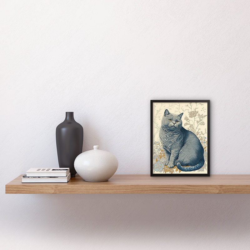 William Morris Inspired Cat Portrait With Flowers Modern - Single Picture Frame Print