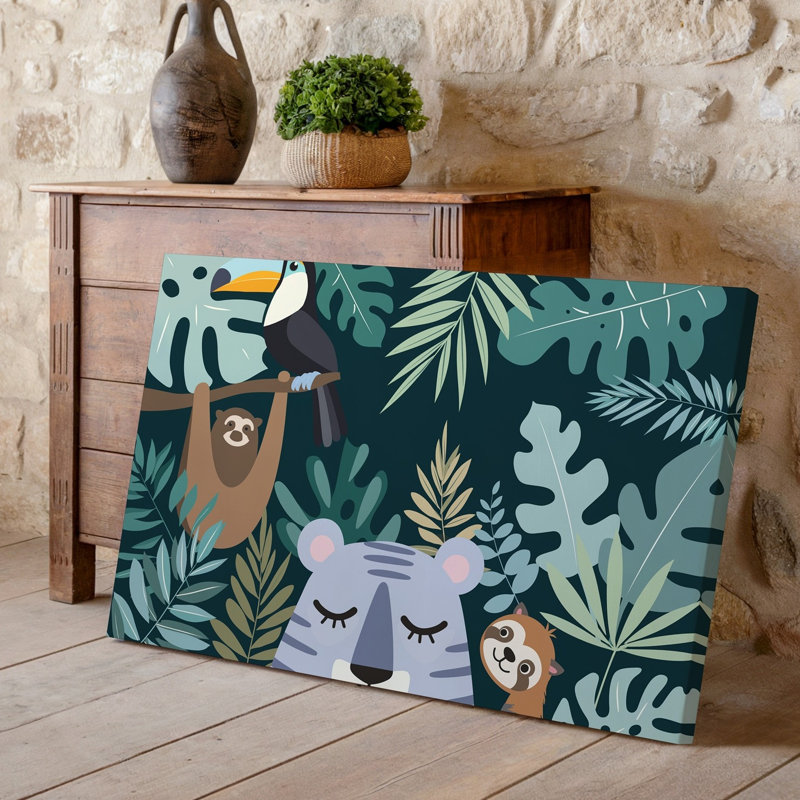 Reproduction d'art sur toile, scène de jungle vibrante et fantaisiste mettant en vedette un tigre décontracté avec des yeux fermés