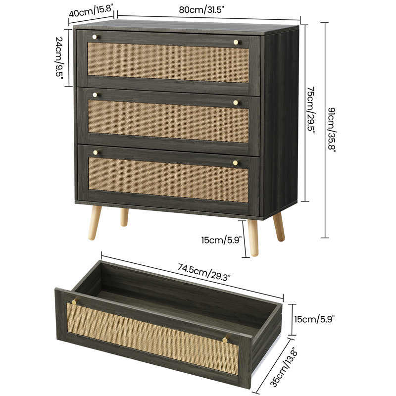 3 Drawer Dresser 31.5" W Chest of Dresser with Spacious Storage for Bedroom Living Room, Black