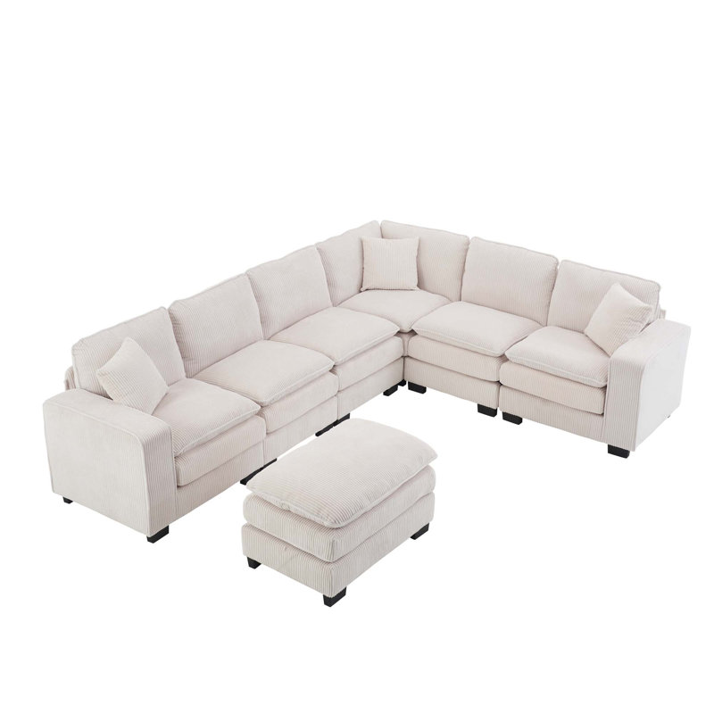Modern U-Shaped 6-Seat Modular Sectional Sofa With 1 Ottoman & 3 Toss Pillows, White Corduroy