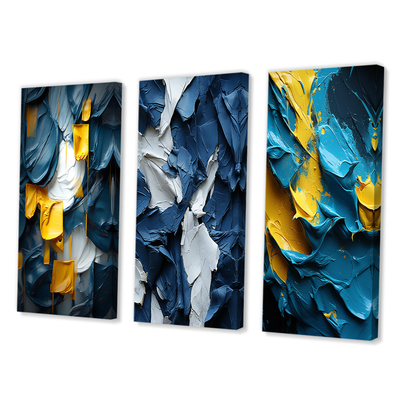 «Spring Bliss Abstract Turquoise and Yellow I», ensemble de 3 reproductions, Toile tendue, H 32 po x l 48 po