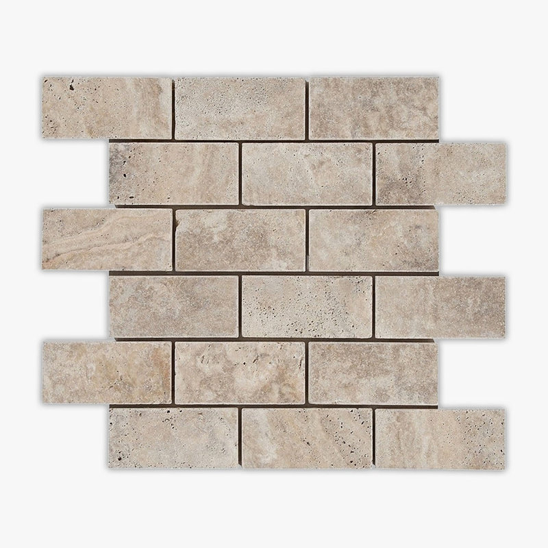 Scabos Tumbled 2x4 Brick Travertine Mosaic, Brown