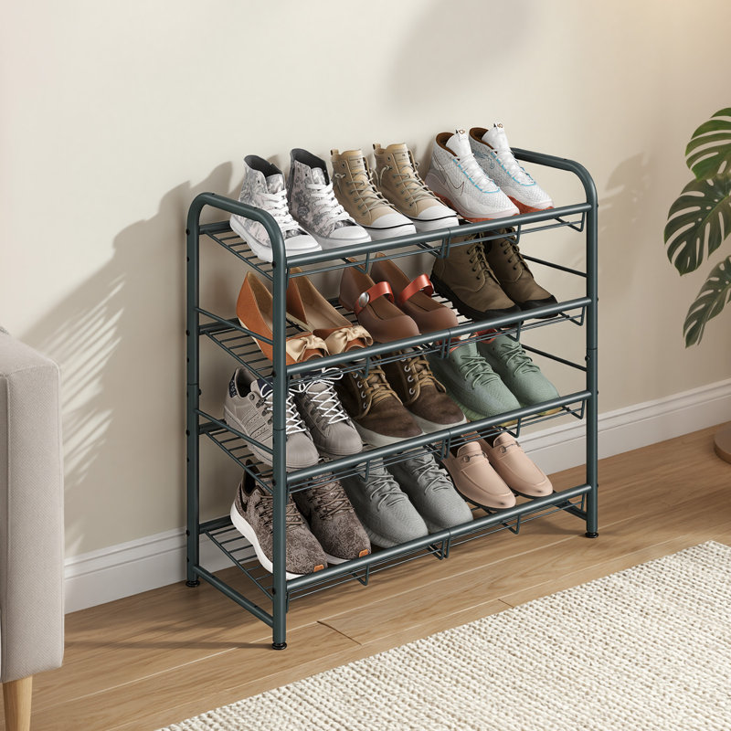 Étagère à chaussures en métal à 4 niveaux avec 16 paires d'inclinaison réglable, H 25,6 po x l 27 po x P 10,8 po, Gris