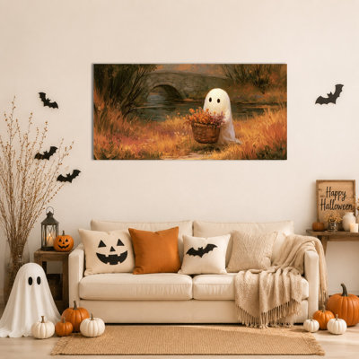 Large Ghost Wall Art - Autumn Halloween, peinture sur toile, image de fantôme rétro pour salon, salle de bain, décoration de chambre d'enfant, toile tendue avec cadre en pin, 28 po x 58 po