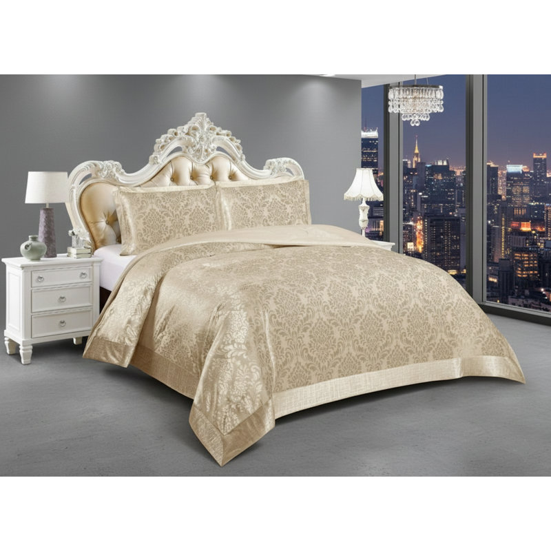 Emilia Bedspread Set with Pillow Shams – Luxury Jacquard Damask Coverlet Bedding for Double, King & Super King Sizes, Beige
