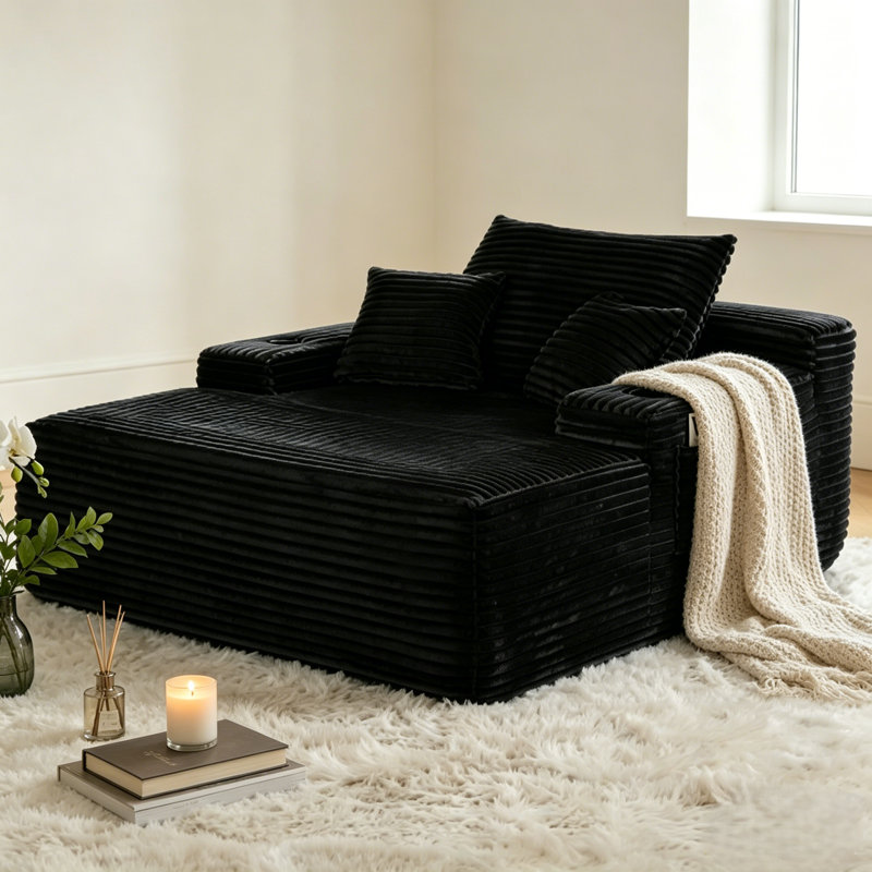 Grand canapé-lit désossé, tissu en velours côtelé moelleux, rembourrage en mousse + à ressorts, porte-gobelet et coussins décoratifs, sans assemblage, certifié GCC & Prop 65, sécuritaire et écologique, noir