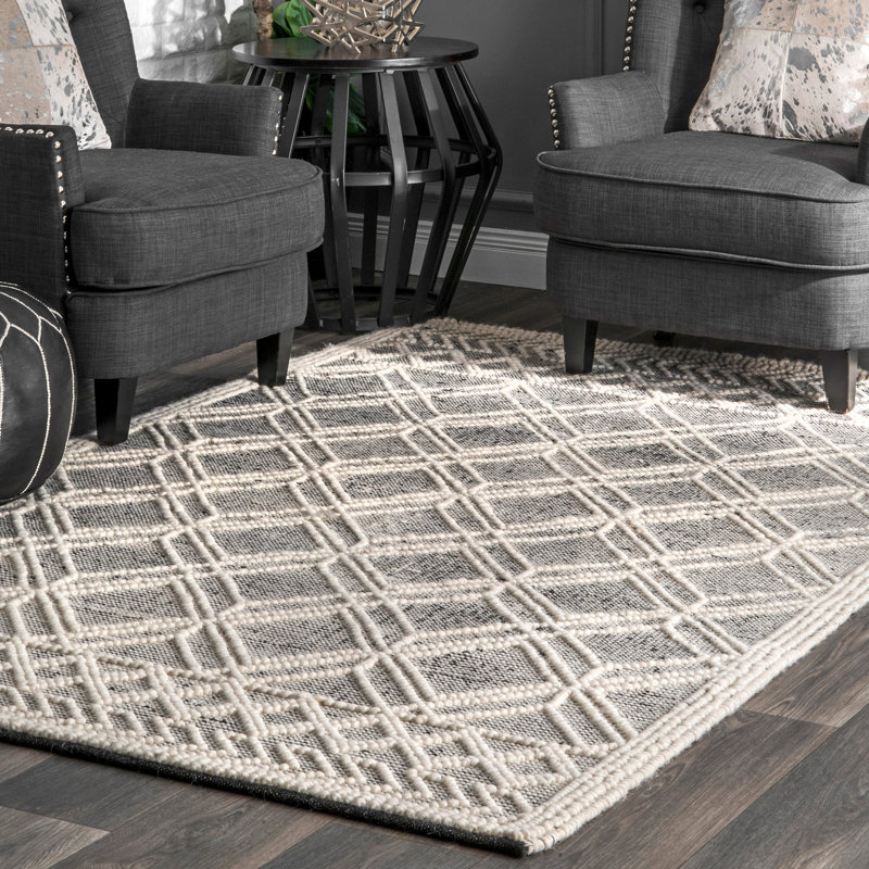 Tapis noir / blanc en laine touffeté à la main Hathorn, Rectangle 7 pi 6 po x 9 pi 6 po