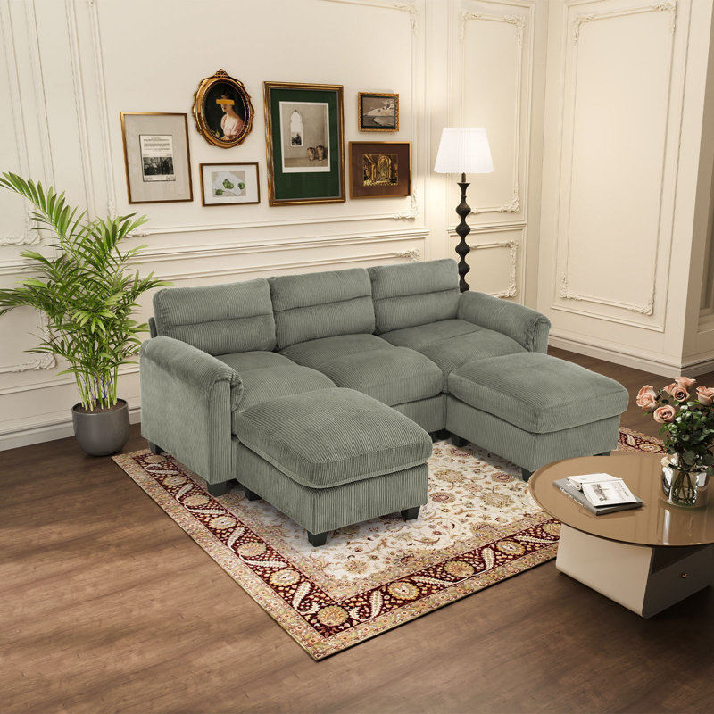 Efaz 5-Piece Corduroy Upholstered Modular Sectional, 2 Ottomans, Pillowtop Arm, Green Corduroy