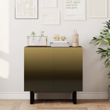 Modern Matte Black 2-Door Accent Cabinet with Gold Wire Mesh & Push-to-Open