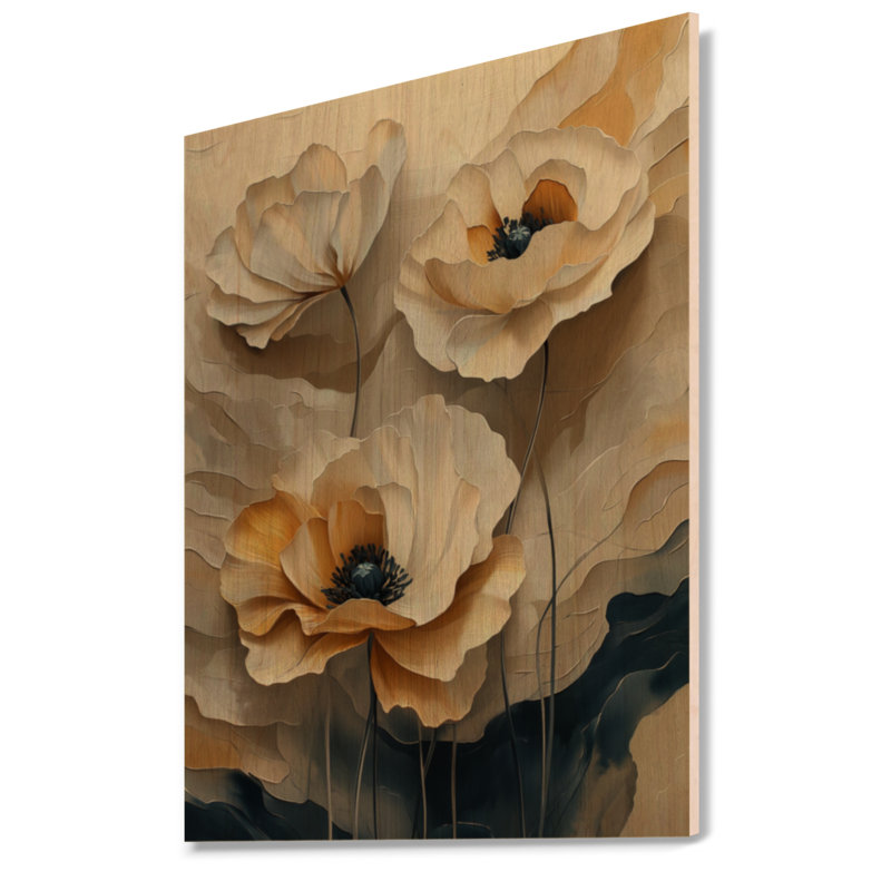 Coquelicots de crème opulents II - Décoration murale florale en bois, H 32 po x l 24 po, Rectangulaire